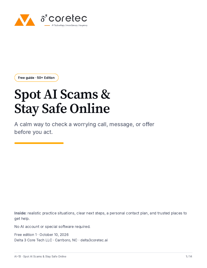 Cover of the free Spot AI Scams & Stay Safe Online guide, 50+ edition